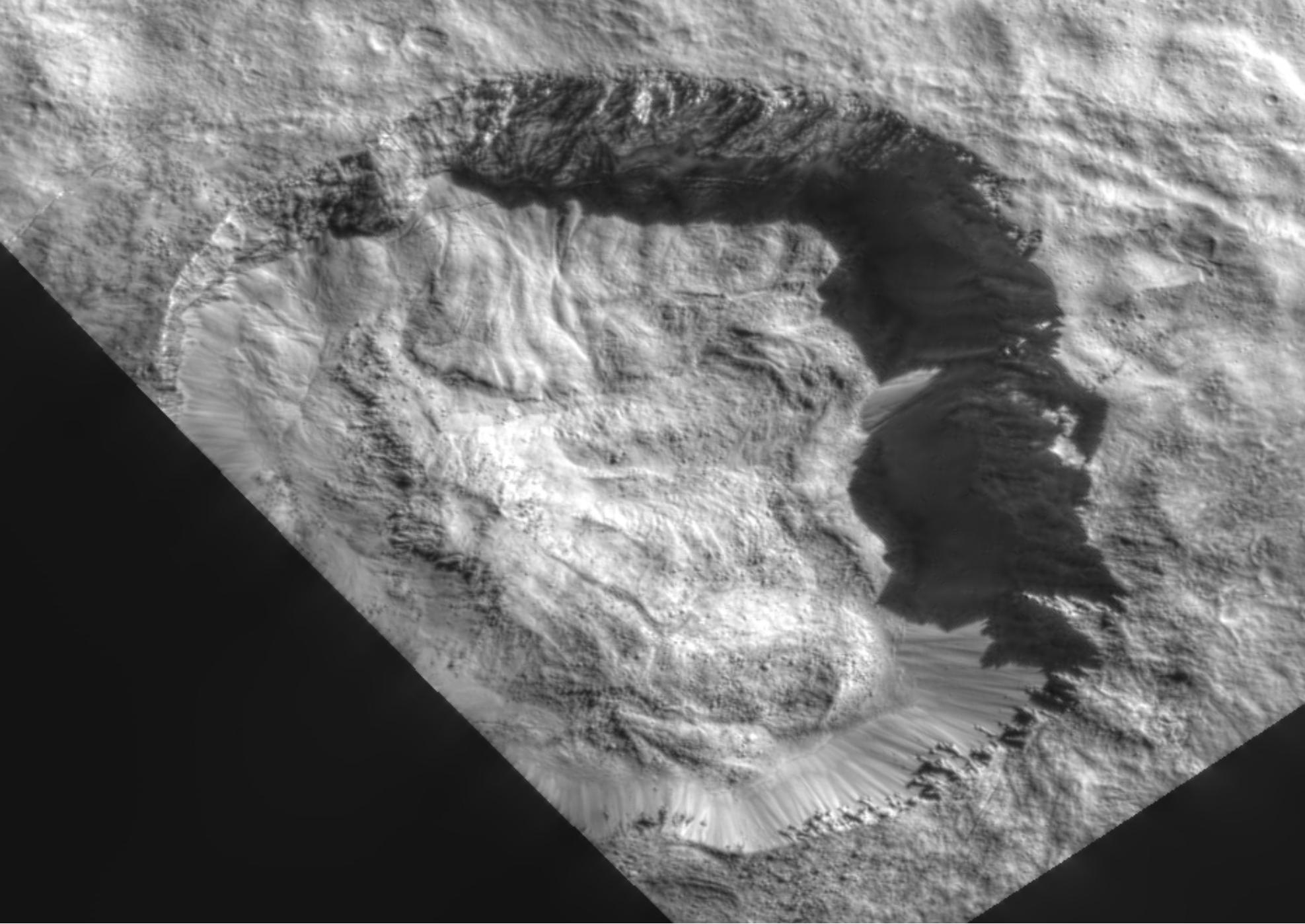 Detailed view of large impact crater on Ceres