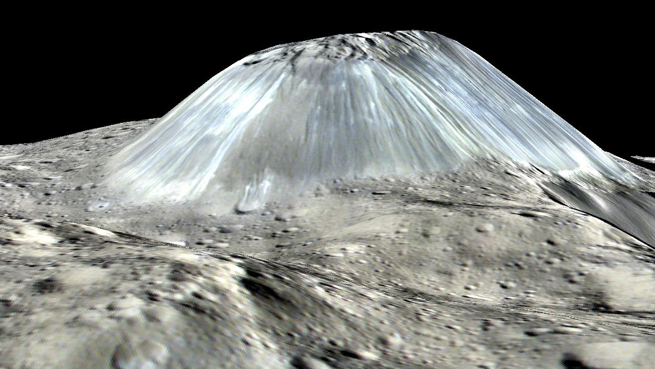 3D computer-generated view of mountain on Ceres