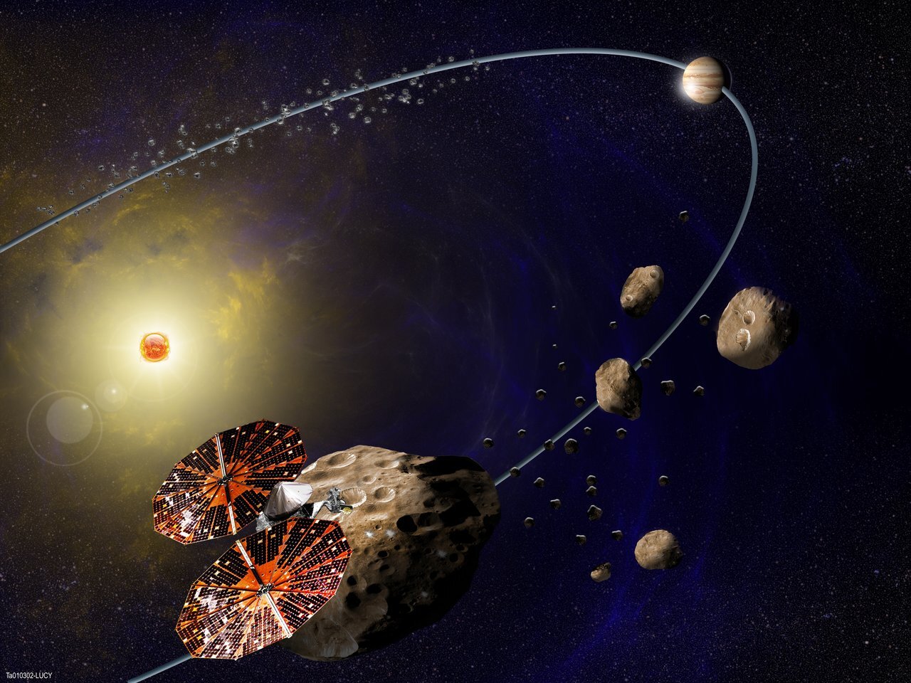 spacecraft and two groups of asteroids in orbit around the sun