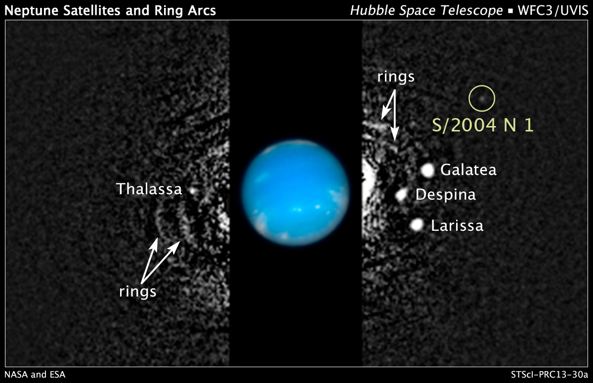 Composite image showing Neptune, rings and moons.