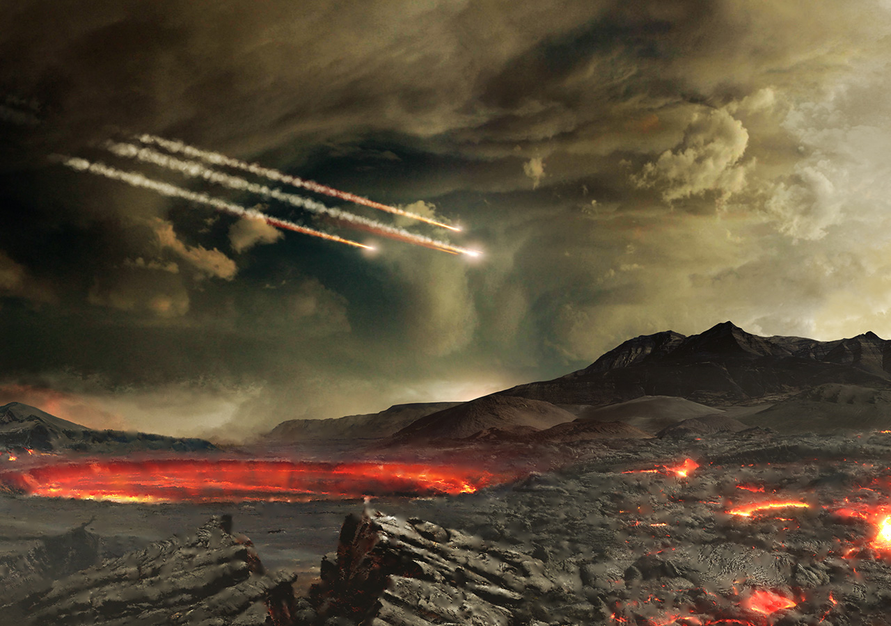 Illustration of meteors crashing down on primordial Earth.