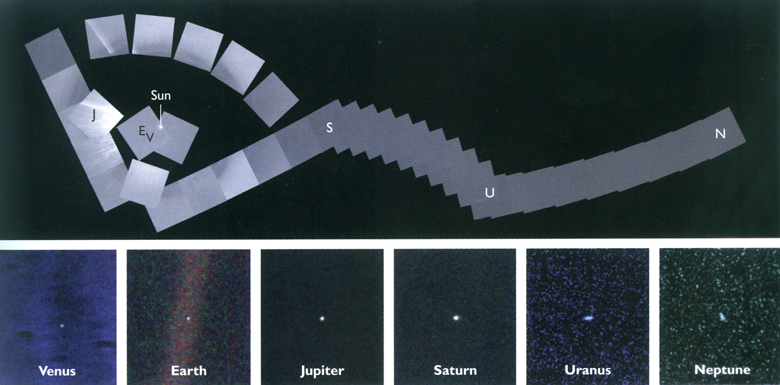 Planets of our solar system appear as distant points of light in this mosaic.