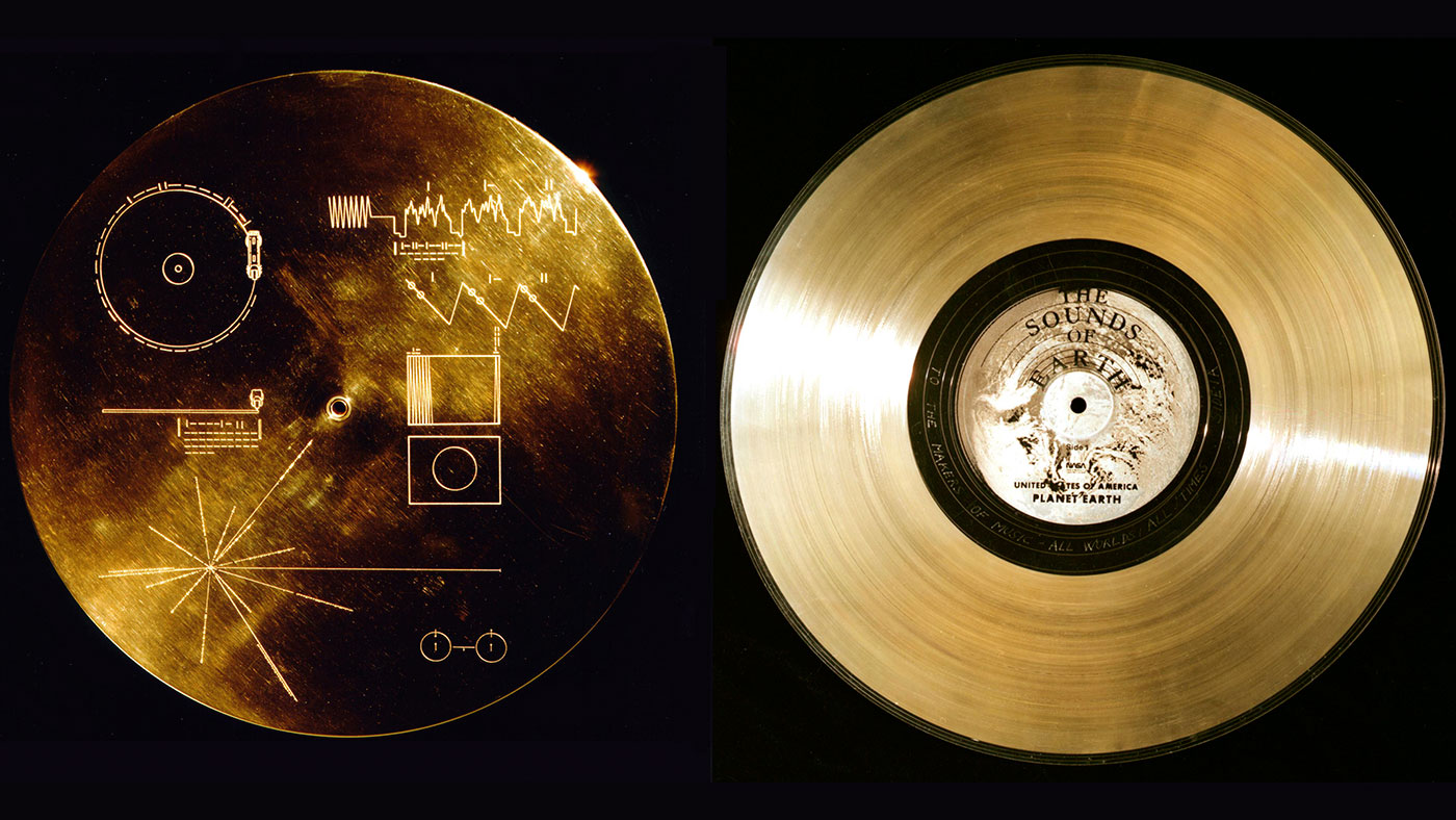 Golden record with cover that includes details about Earth's location in space.
