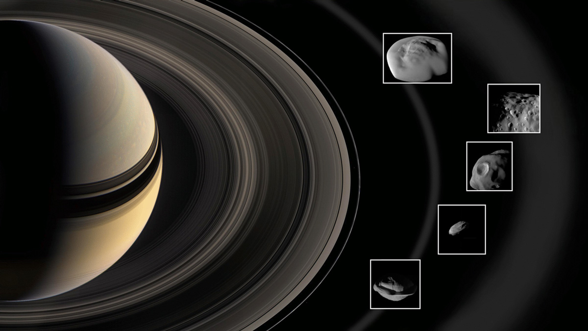 Graphic showing locations of five moons within Cassini&#39;s rings.