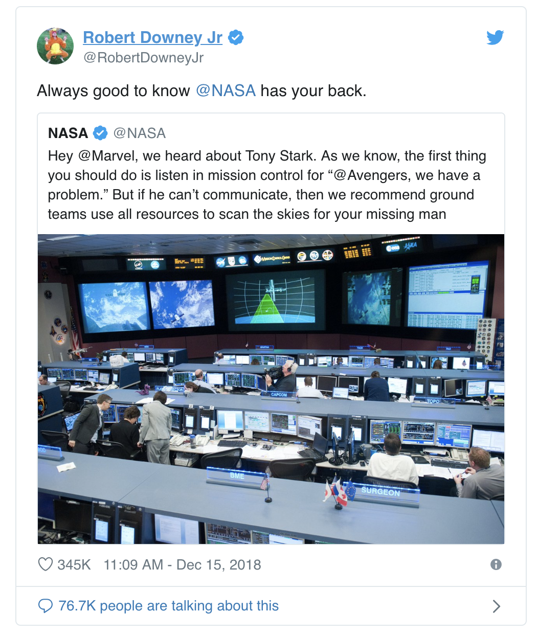 Tweet from Robert Downey Jr. that says "Always good to NASA has your back."