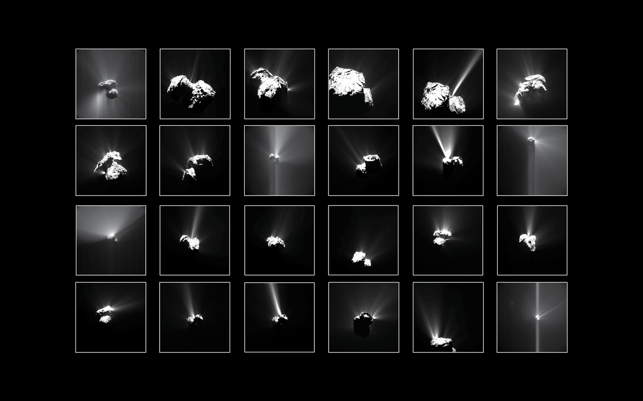 Série d'images de jets sortant d'une comète.