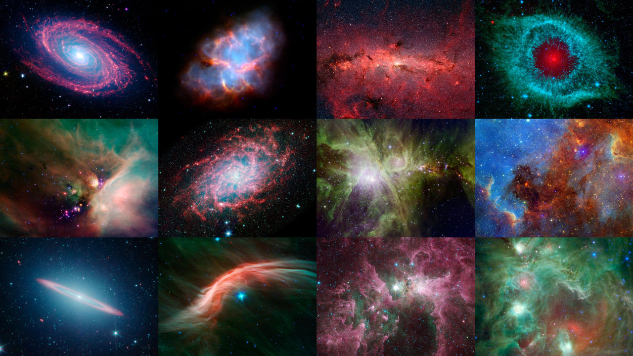 Collection de 12 vues différentes de galaxies lointaines et de nuages ​​de gaz.
