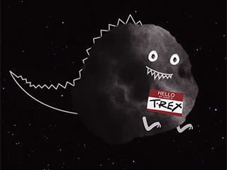 Cute illustration of an asteroid made up to look like a cartoon dinosaur