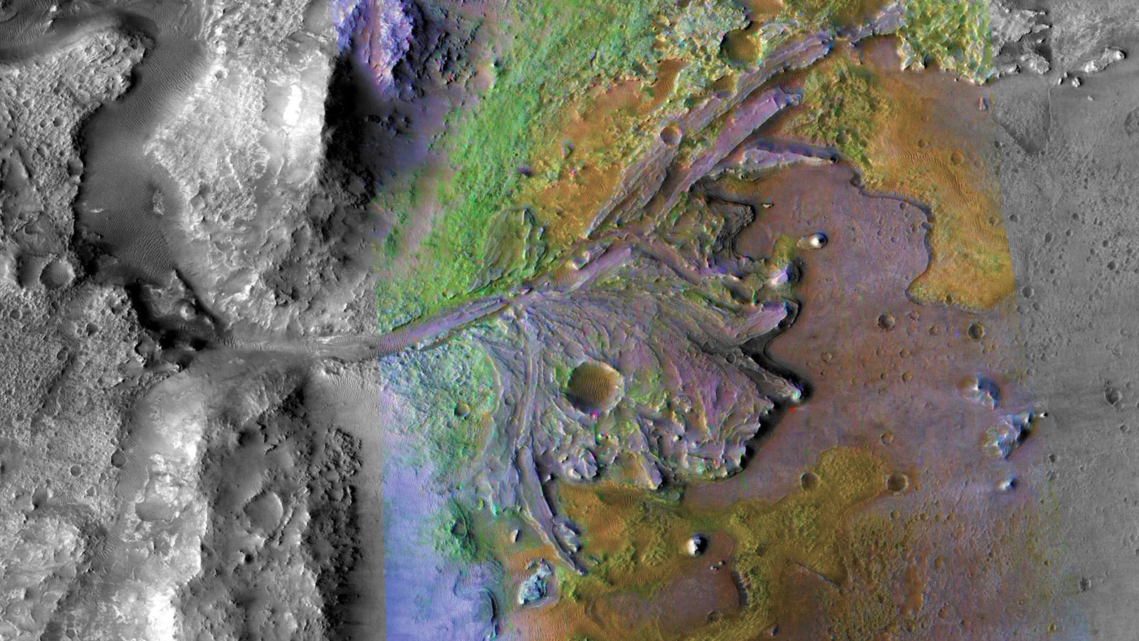 Color-enhanced view of Jezero crater on Mars.
