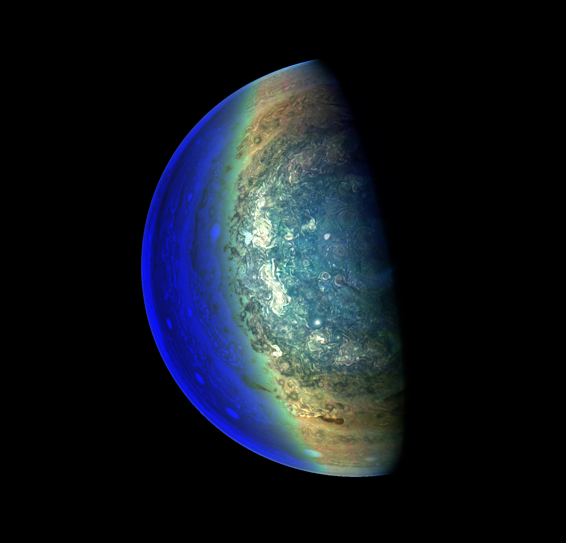 Colorful, enhanced image of Jupiter's swirling clouds.