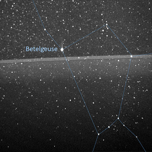 Jupiter&#39;s rings with Orion constellation and Betelgeuse labeled.