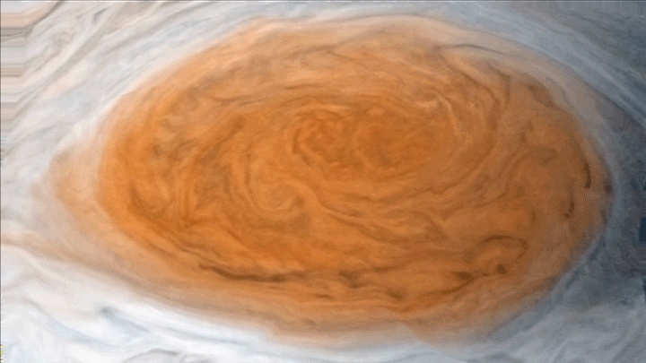 Animated GIF showing clouds moving in Jupiter's Great Red Spot.
