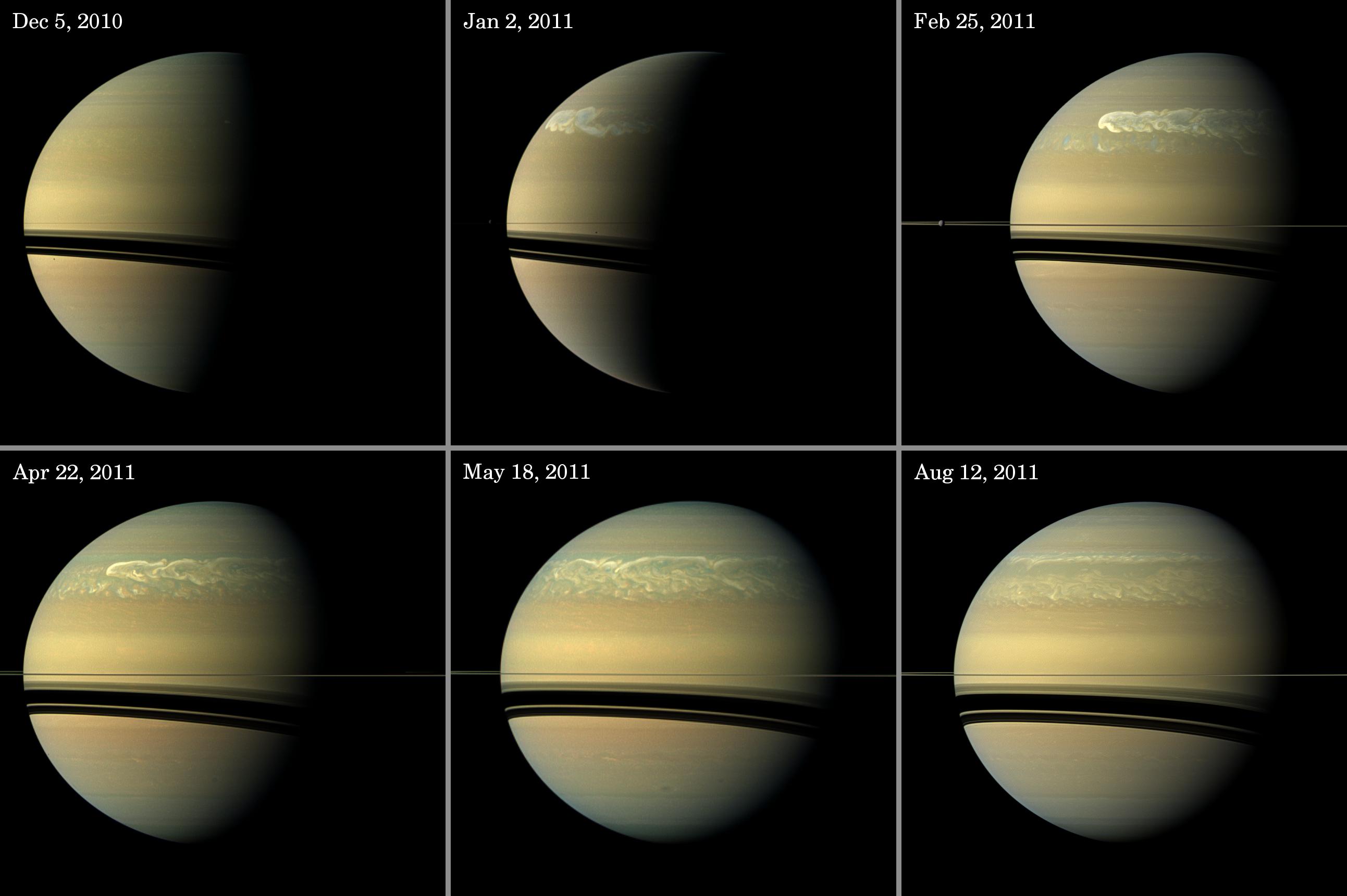 Sequence of images showing massive band of storms encircling Saturn.