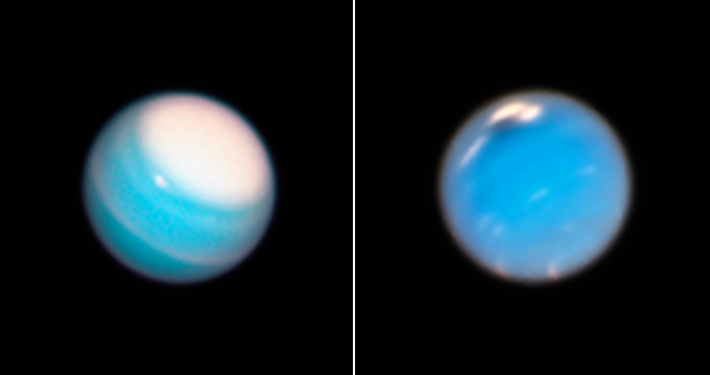 Enhanced views showing clouds in the blue atmospheres of Uranus and Neptune.