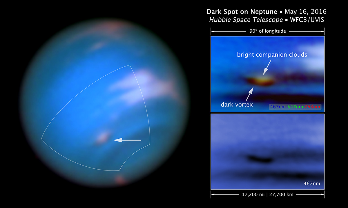 Full view of Neptune showing clouds and storms in the atmosphere.