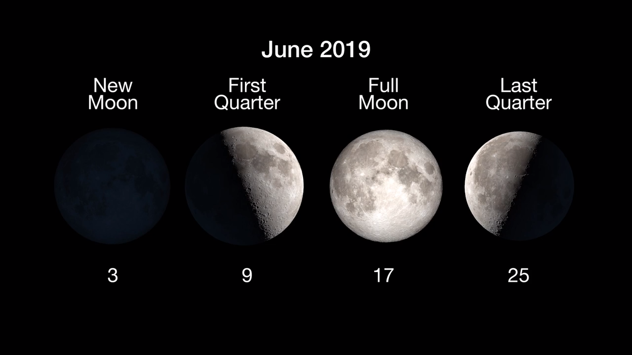 Moon Phases: New Moon on June 3, 1st quarter on June 9, full Moon June 17 and last quarter on June 25.