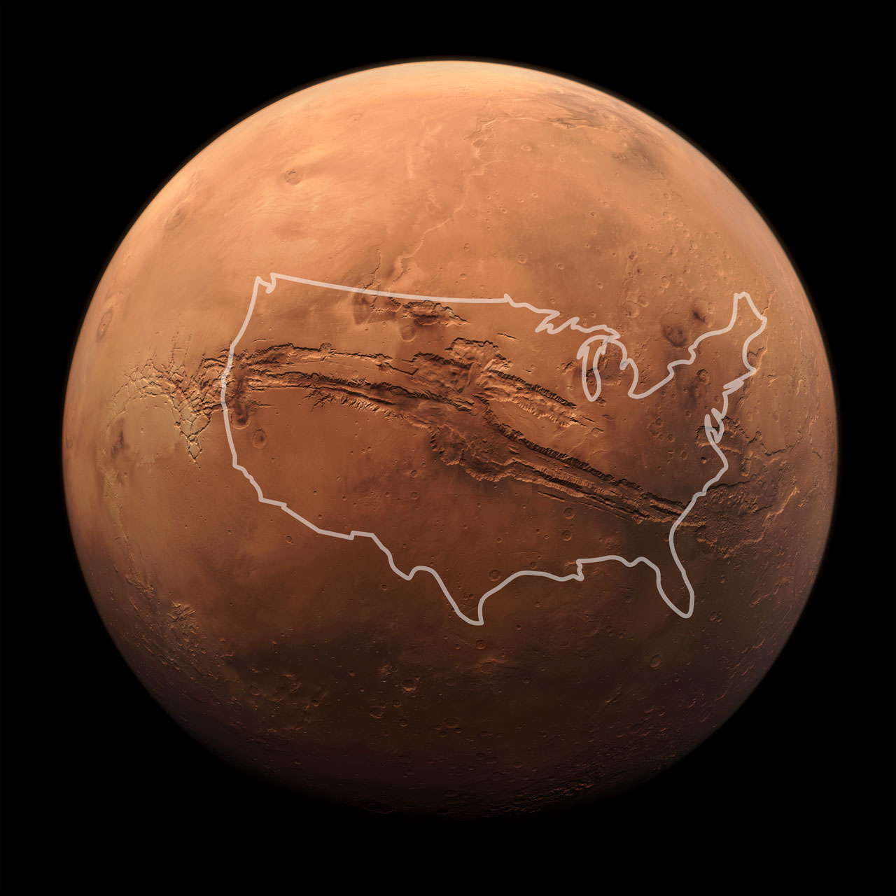 Overlay of United States borders on a composite image of Mars&#39;s Valles Marineris. The canyon is longer than the U.S. is wide.