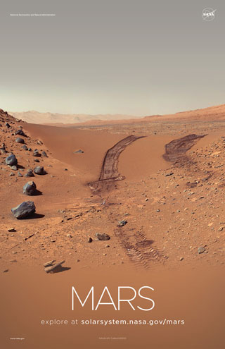 پوستری که ردهای مریخ نورد را در خاک مریخ نشان می دهد.  می گوید: مریخ: در solarsystem.nasa.gov/marss کاوش کنید