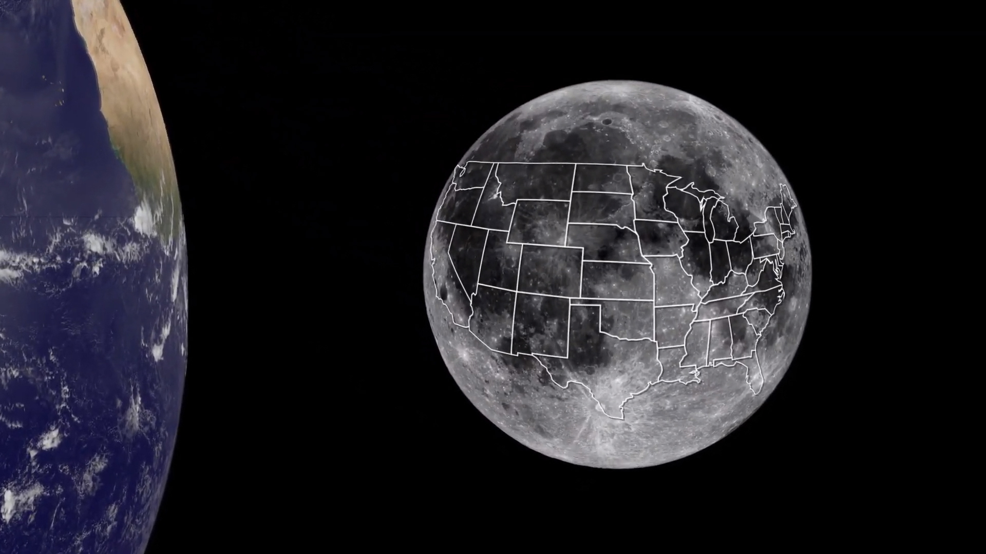 Illustration showing a map of the United States covering most of the Moon's near side.