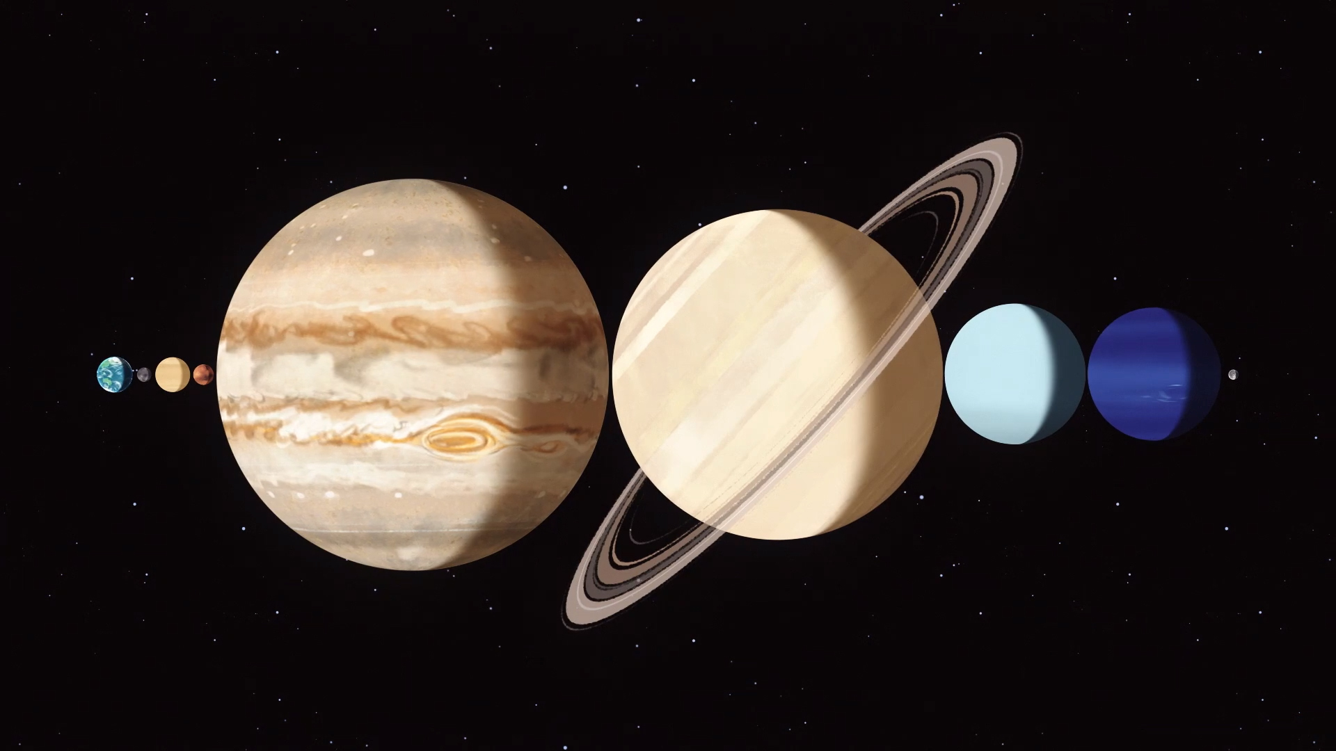 Illustration showing all the major planets together in a line between the Earth and the Moon.