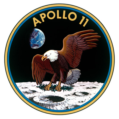 Apollo 11 patch showing an eagle landing on the Moon.