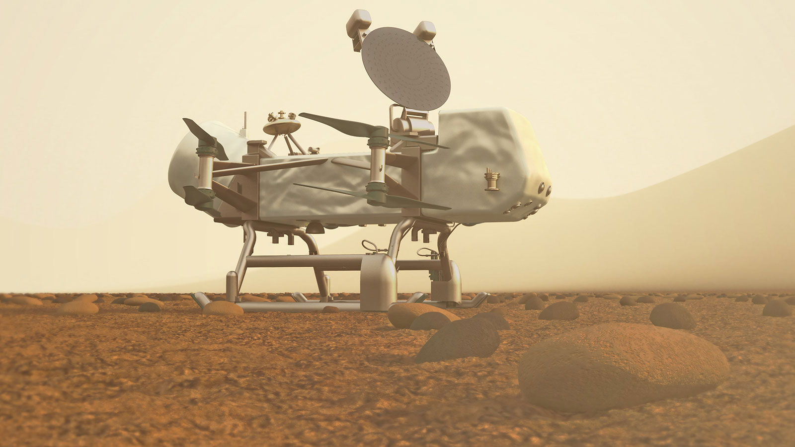 Artist's concept of rotorcraft drone on the orangish surface of Titan.