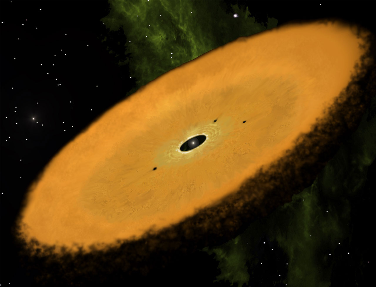 Artist's concept of a disk of dust, gas and debris around a distant star.