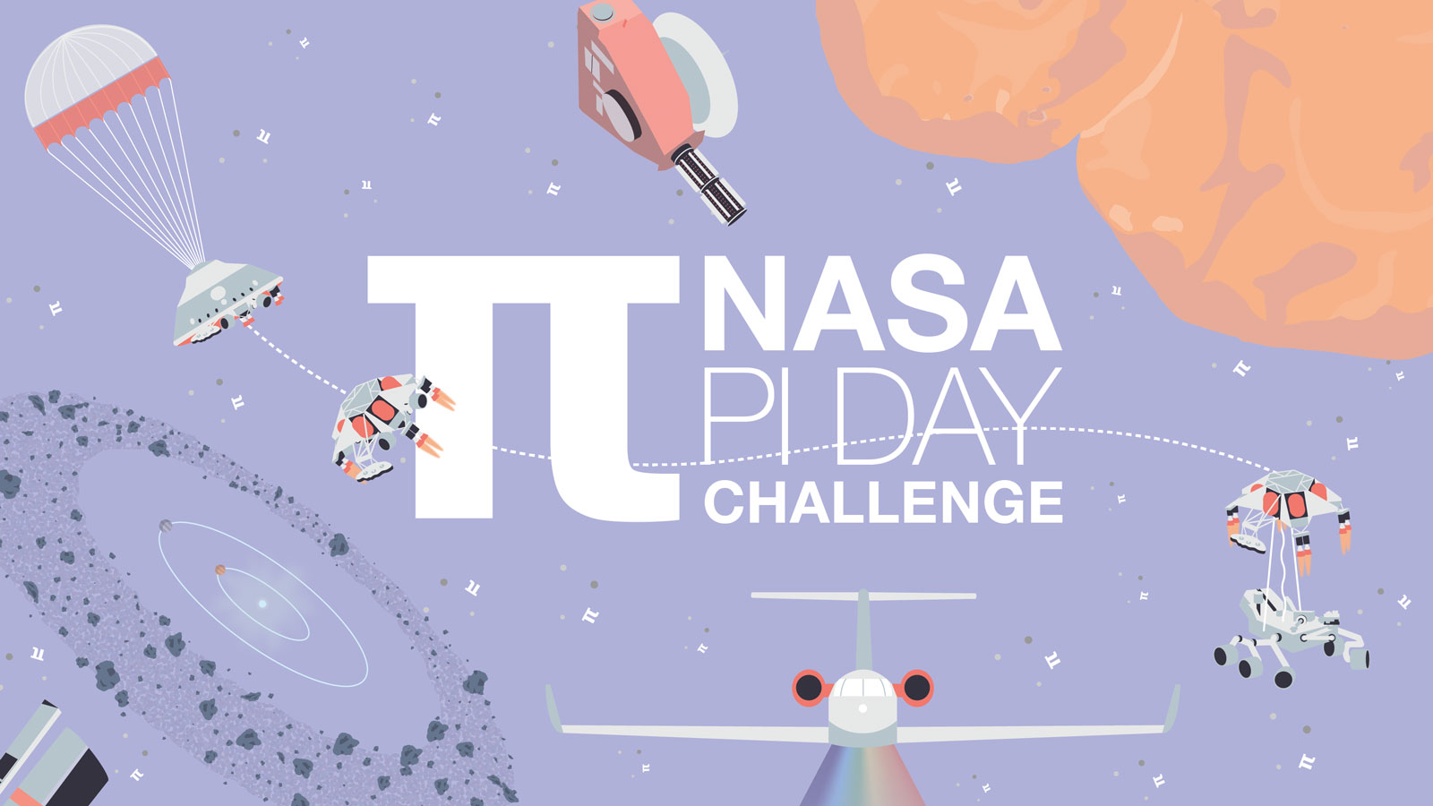 Whimsical space graphic says NASA Pi Day Challenge