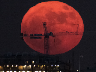 orange moon behind a crane