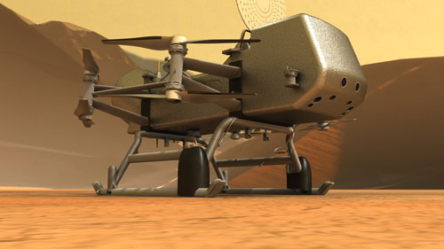 Artist's concept of Dragonfly rotorcraft on the surface of Titan.