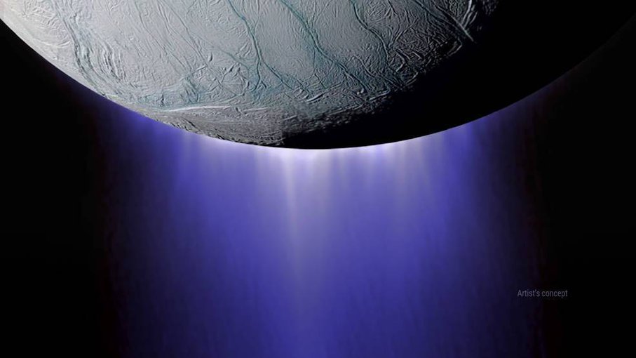 Saturn’s moon Encedalus sends out regular plumes of water vapor — seen here in an image from the Cassini spacecraft — that are known to contain complex organic molecules.