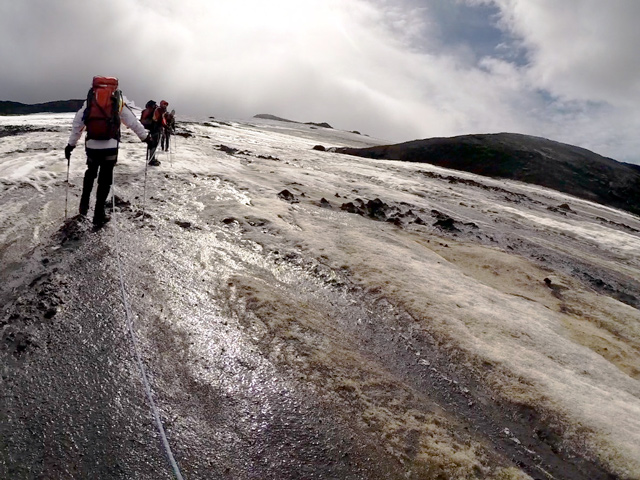 Image of scientists hiking to a volcano in Iceland 