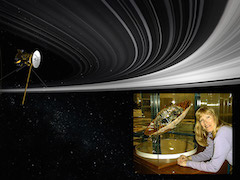 Image of Cassini spacecraft, Saturn's rings and a scientist