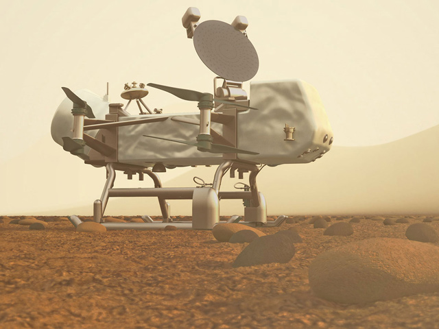 image on an artist's concept of Dragonfly spacecraft on Titan