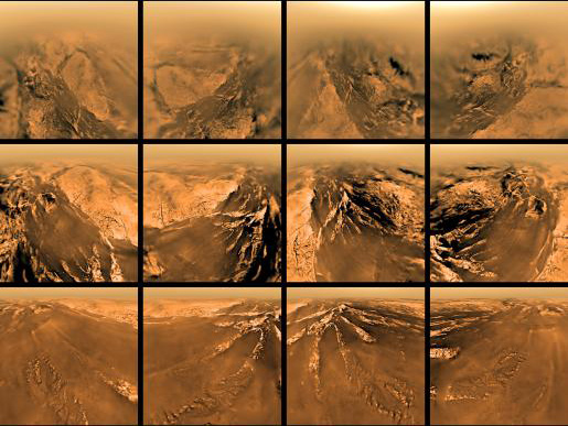This poster shows a set of images acquired by the European Space Agency's Huygens probe descent imager/spectral radiometer, in the four cardinal directions (north, south, east, west), at five different altitudes above Titan's surface.