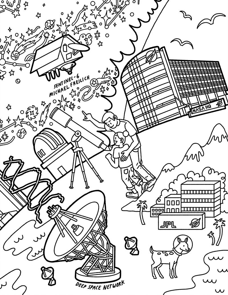 coloring page featuring the Sentinel-6 Michael Freilich spacecraft, NASA HQ, people looking through a telescope, a Deep Space Network antenna, and the JPL campus