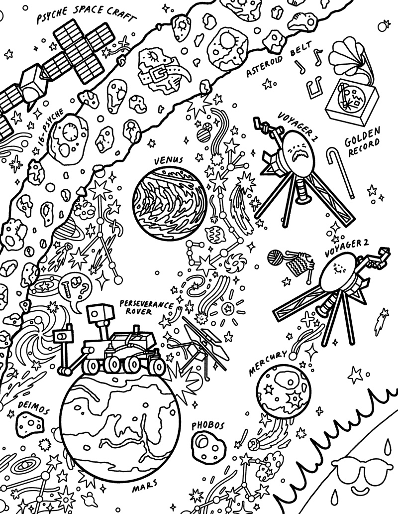 coloring page featuring Mercury, Venus, Mars, the Perseverance Rover, the Voyager missions, and the asteroid belt