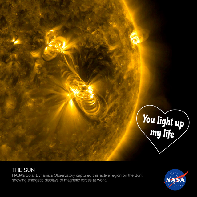 Photo of solar flares on the Sun. Valentine caption reads "You light up my ilfe."