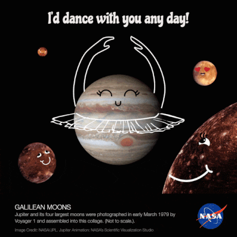 Animated gif of Jupiter spinning with illustrated ballerina arms twirling. Captions reads "I'd dance with you any day!"