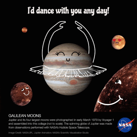 Animated gif of a ballerina Jupiter with spinning globe. Valentine caption reads "I'd dance with you any day!"