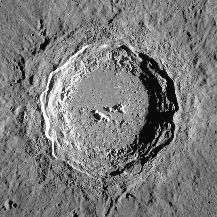 An impact crater on the Moon, seen from above. 