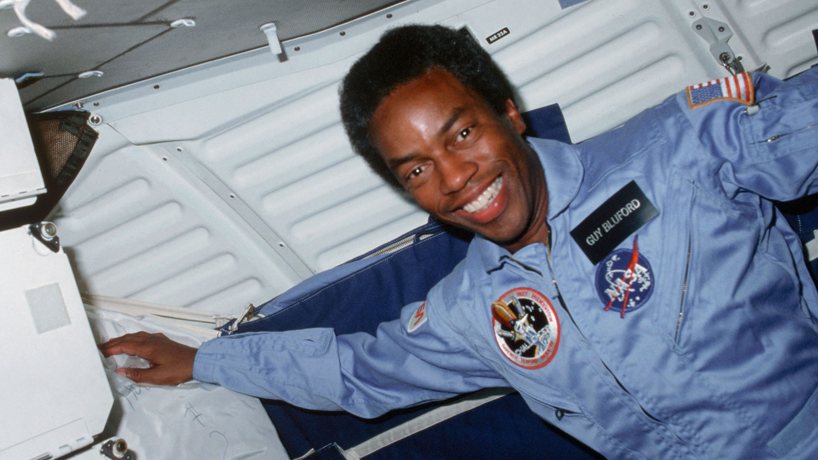 Guy Bluford smiling in space aboard the Space Shuttle