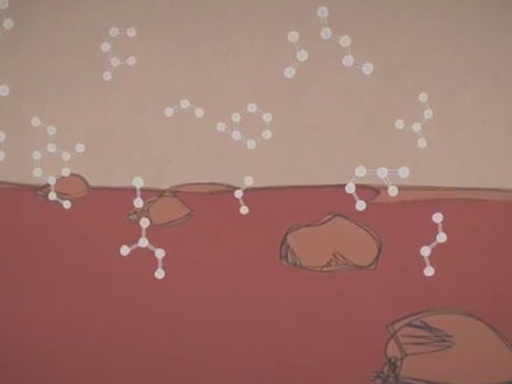 artist's illustration of molecules hovering over the surface of Mars