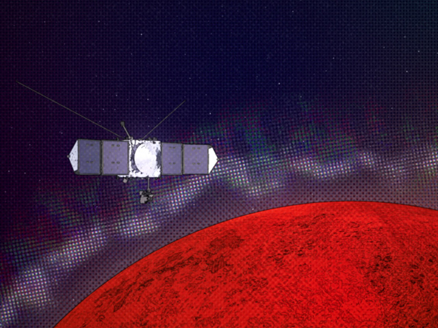comic book style illustration of MAVEN in Mars orbit