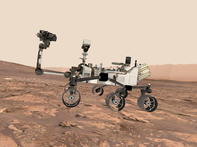 screenshot of the MSL surface experience tool showing a model of Curiosity on the surface of Mars