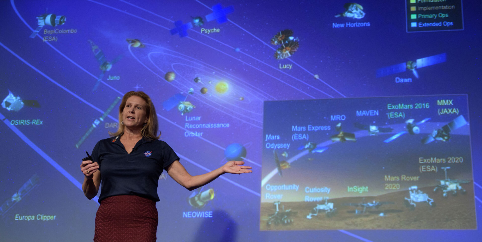 Lori Glaze in front of a giant screen showing all NASA space missions.