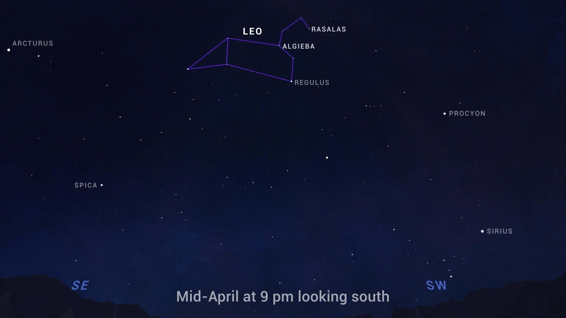 Chart showing were to see the constellation Leo in the south in mid-April.