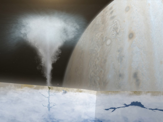 artist's visualization of Water Vapor Plumes on Europa