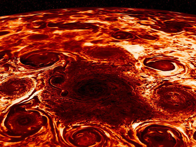 Composite image, derived from data collected by the Jovian Infrared Auroral Mapper (JIRAM) instrument