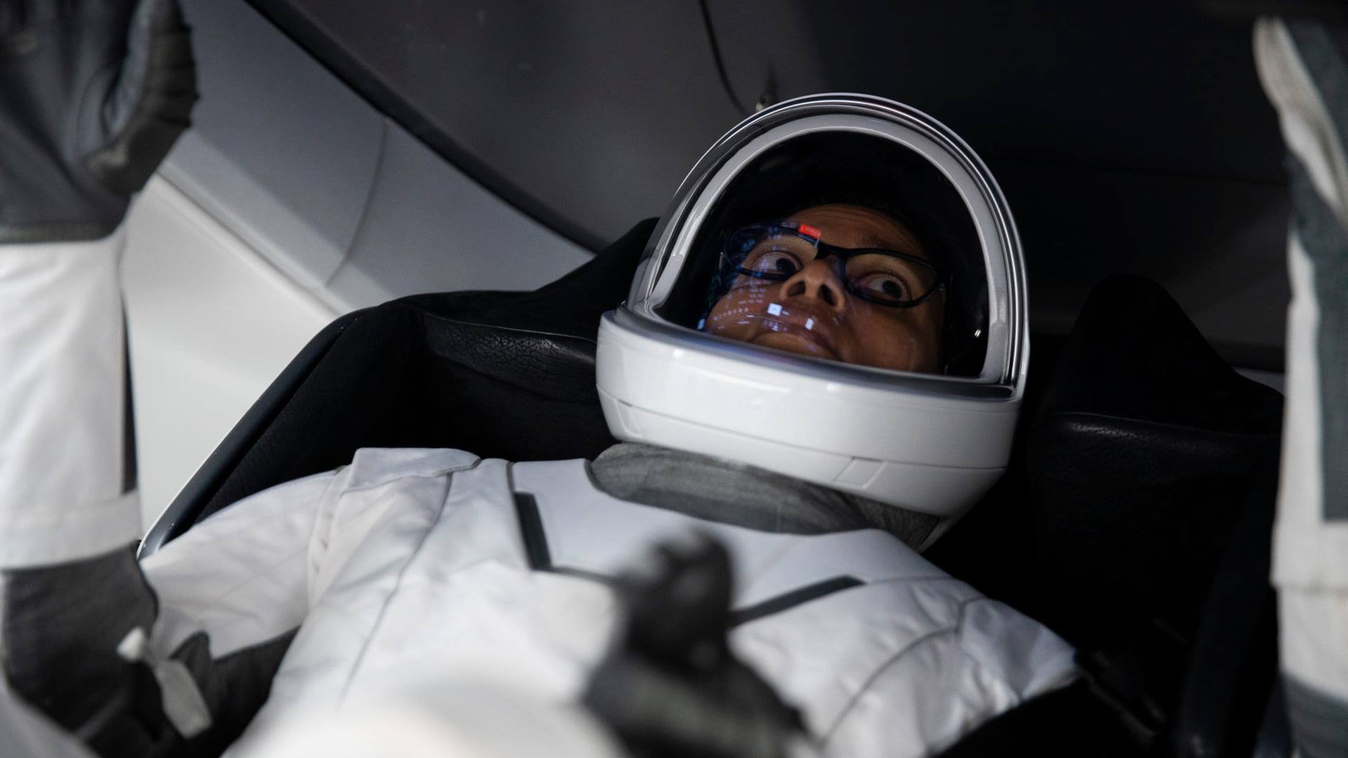 Sian Proctor in an astronaut suit during a training simulation
